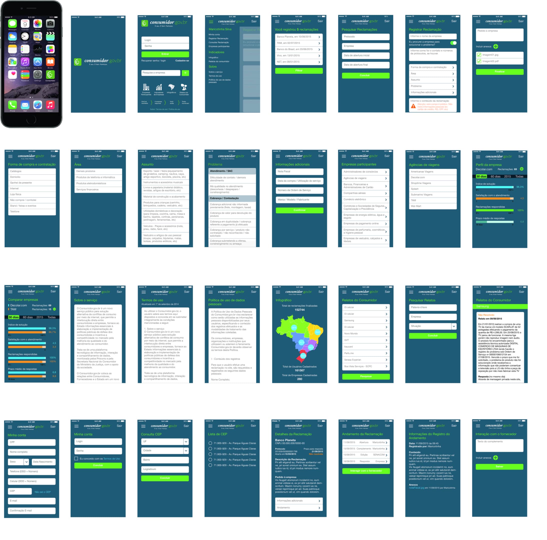 Mockups for the Consumidor.gov.br mobile app.
